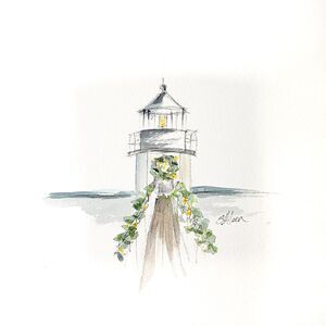 8x8 Maine Original Watercolor Ink Christmas Lighthouse Marshall Point Signed